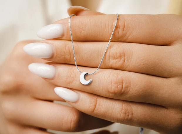 Sterling sliver Tiny celestial Necklace, Minimalist Delicate moon chain Choker, white gold crescent moon Jewelry, Link Chain Necklace Choker