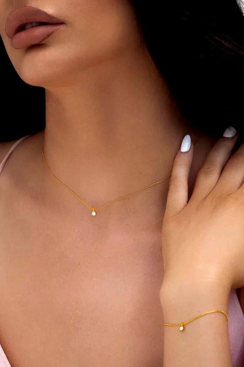 Dainty 18k Gold Diamond Solitaire Necklace, Minimalist Flower Pendant