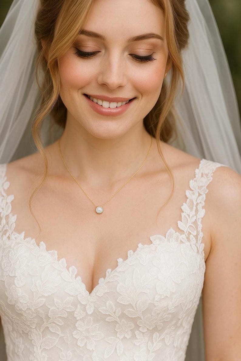 Bridal Solitaire Necklace • Dainty 8mm Bezel Pendant