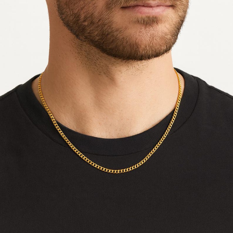 Unisex 18K Gold Curb Chain Necklace: 3mm Stainless Steel, Non-Tarnish