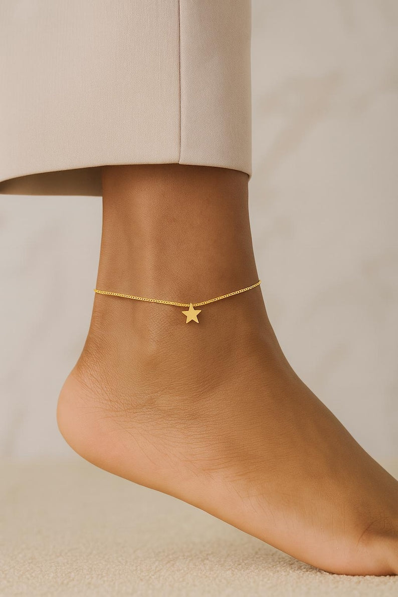 14K Gold Plated Star Anklet: Dainty Stainless Steel Box or Cable Chain