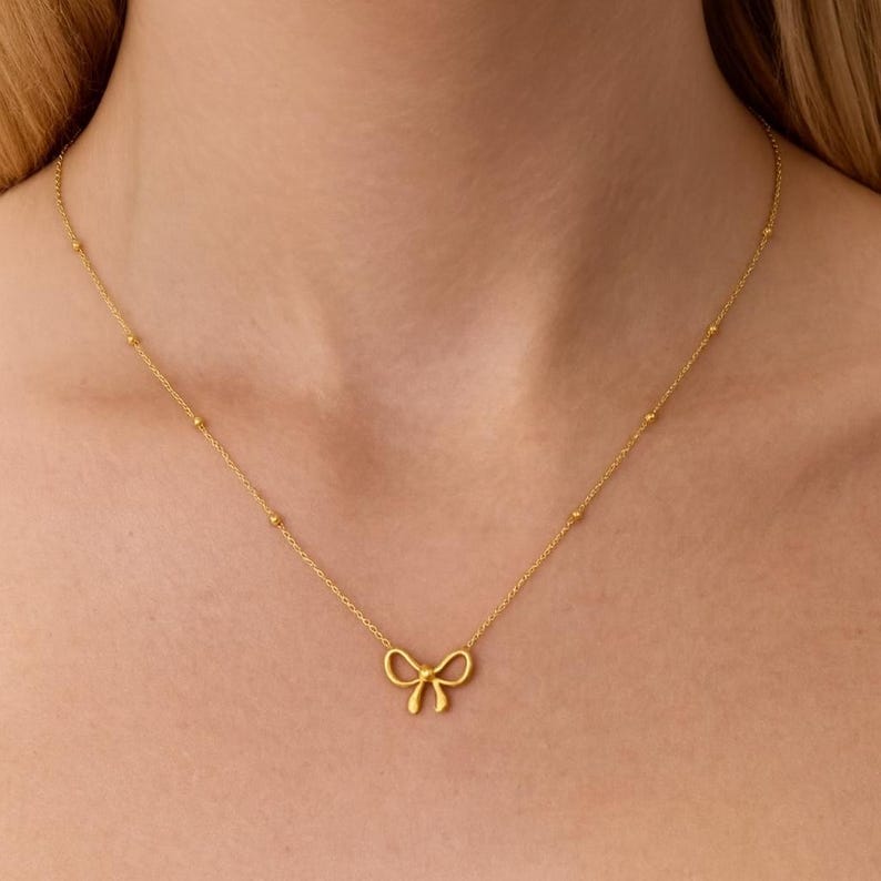 Dainty 18K Gold Plated Bow Necklace: Minimalist Stainless Steel Pendant
