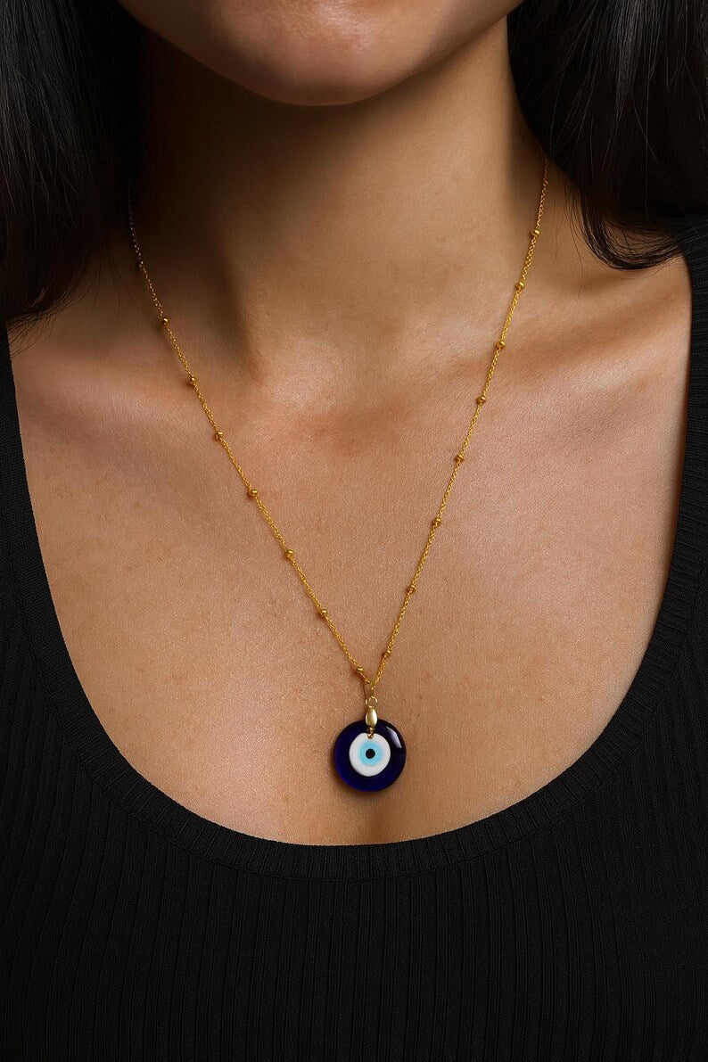 Gold Evil Eye Necklace | Blue Glass Nazar Pendant | Dainty Protection Necklace