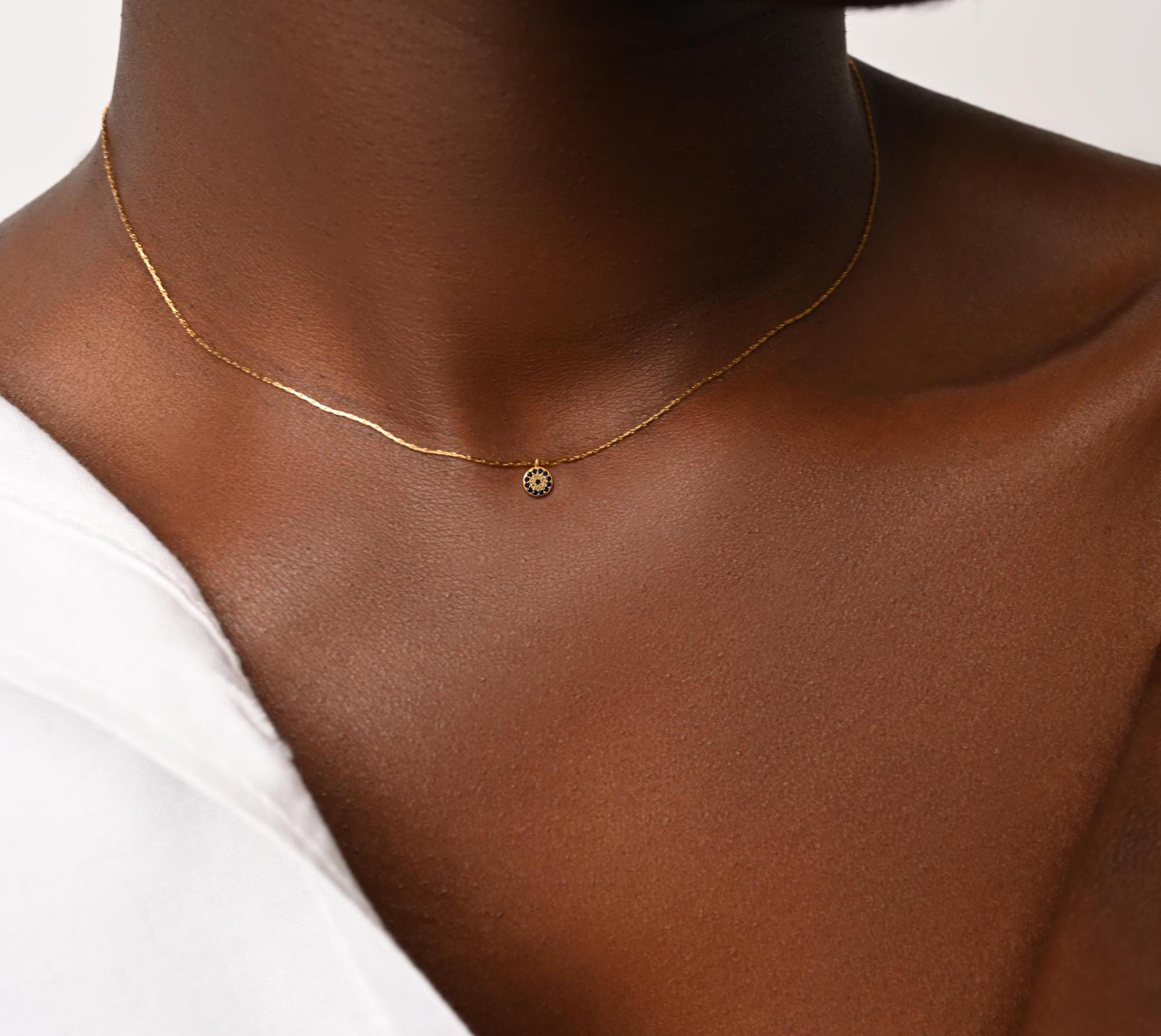 Minimal Good Luck Protection Necklace Gift For Best Fiend–   14k Gold EVIL EYE Choker Pendent NECKLACE