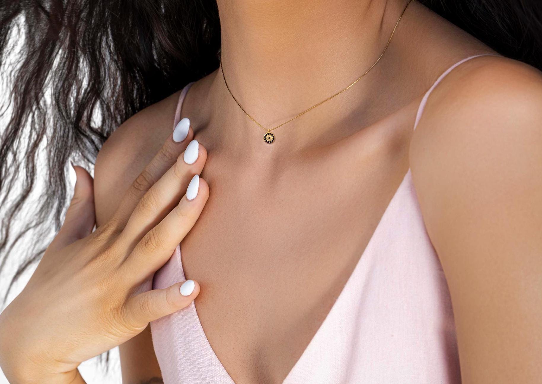 Evil Eye Necklace uk  – 14k Gold EVIL EYE Choker Pendent NECKLACE – Minimal Good Luck Protection Necklace Gift For Bestfriend