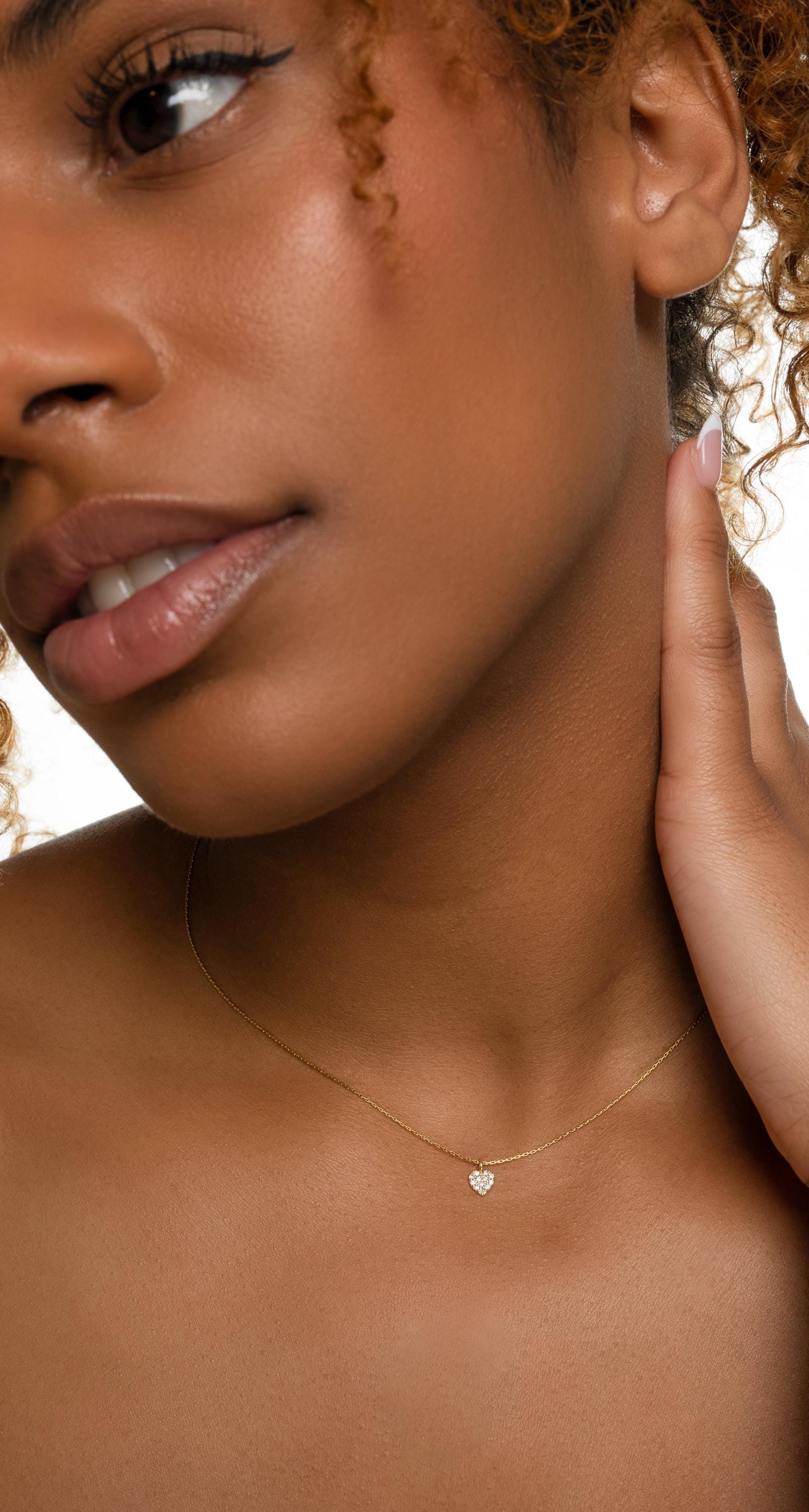 Minimalist Pave Heart Necklace,14k high quality Heart Necklace uk , 14K Gold Dainty Necklace, Diamond tiny Heart Charm Necklace