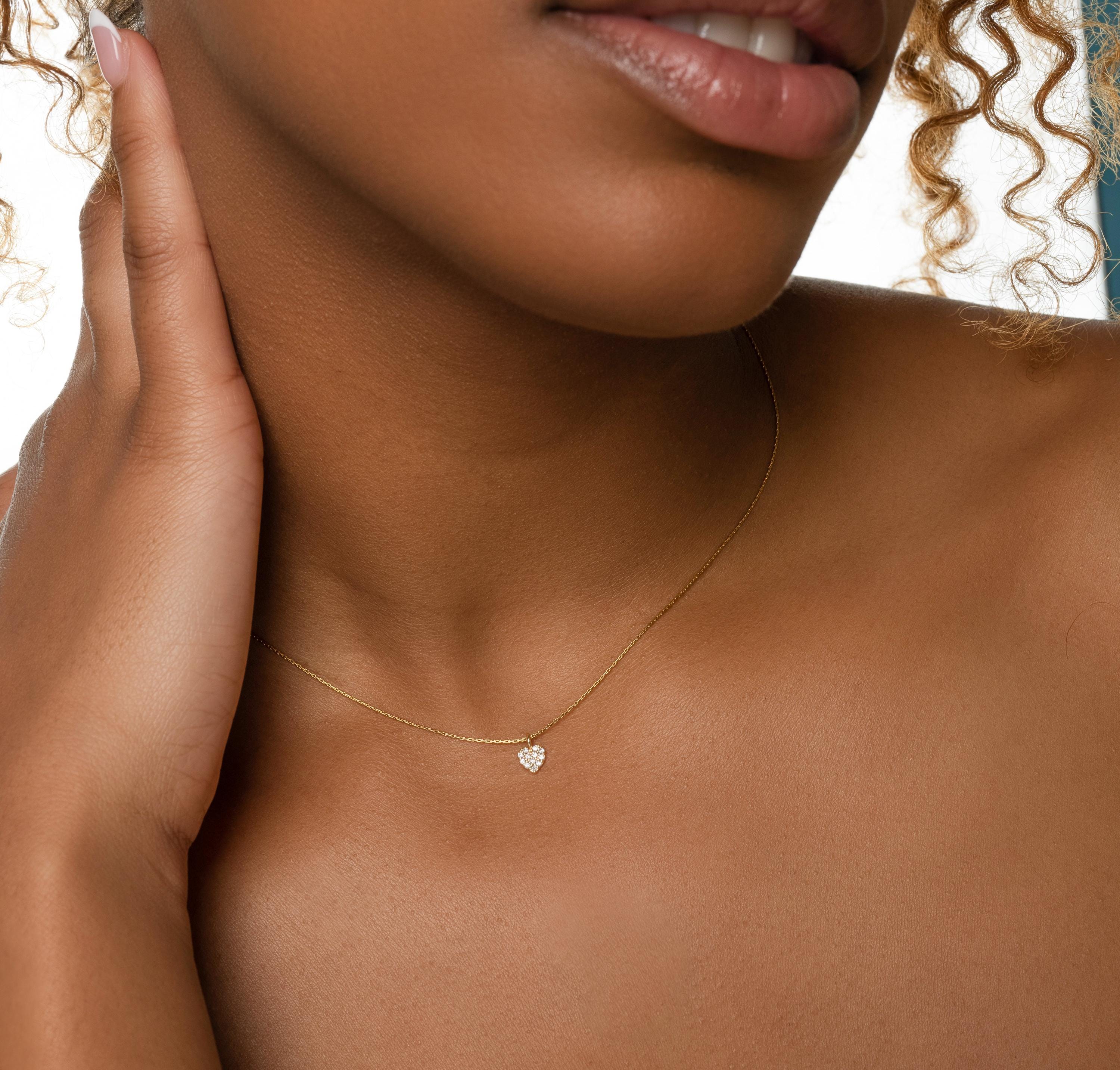 14k Heart Necklace for Women,  Dainty Necklace Tiny Heart choker, Minimalist Heart Necklace, Tiny Crystal Heart Charm necklace, Minimalist J