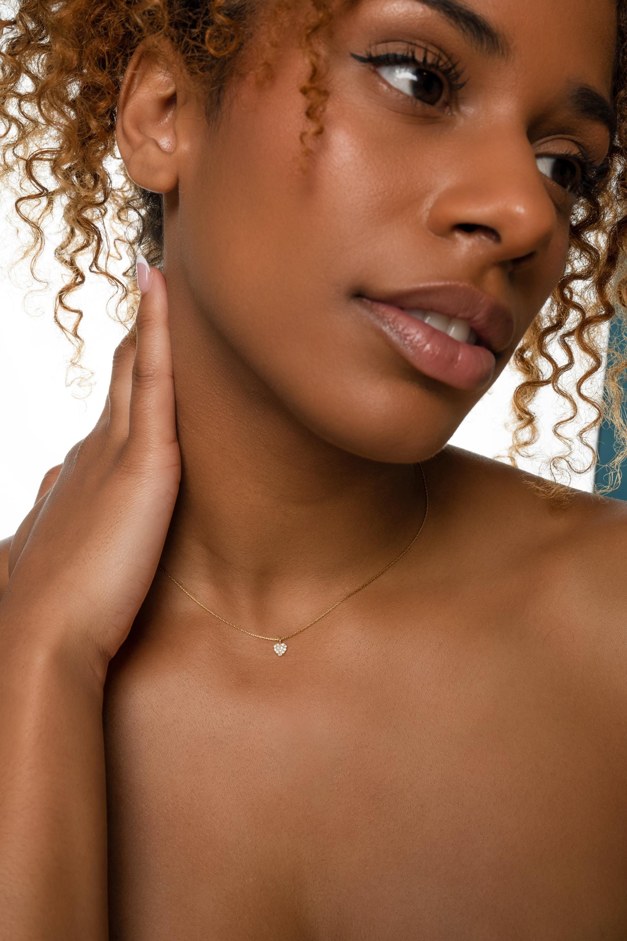 14k Heart Necklace for Women,  Dainty Necklace Tiny Heart choker, Minimalist Heart Necklace, Tiny Crystal Heart Charm necklace, Minimalist J