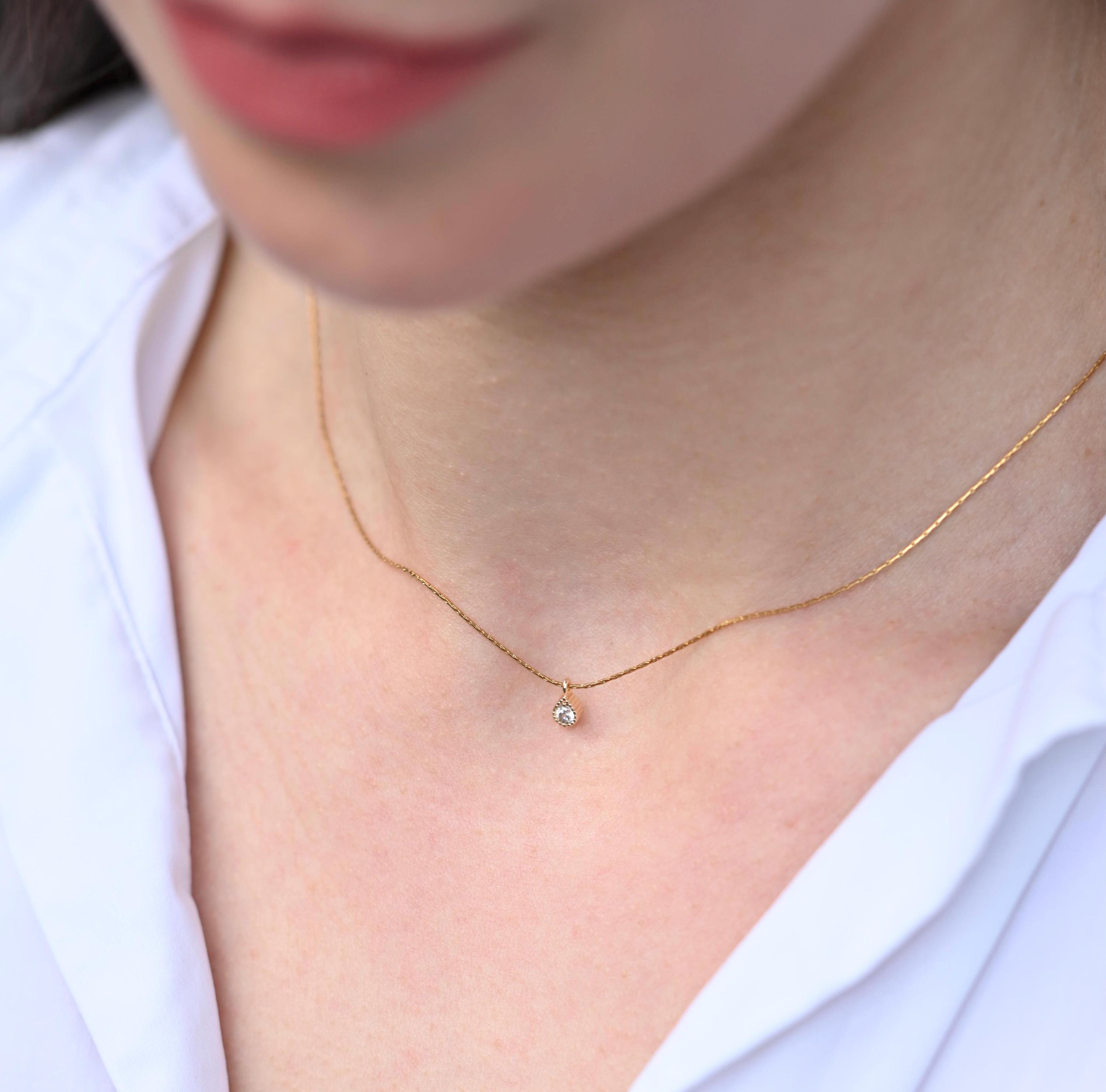 14K Minimalist Diamond Necklace, Sparkling Diamond Necklace, Tiny Crystal Charm Necklace, Tiny Gemstone Necklace, Crystal Charm Necklace uk