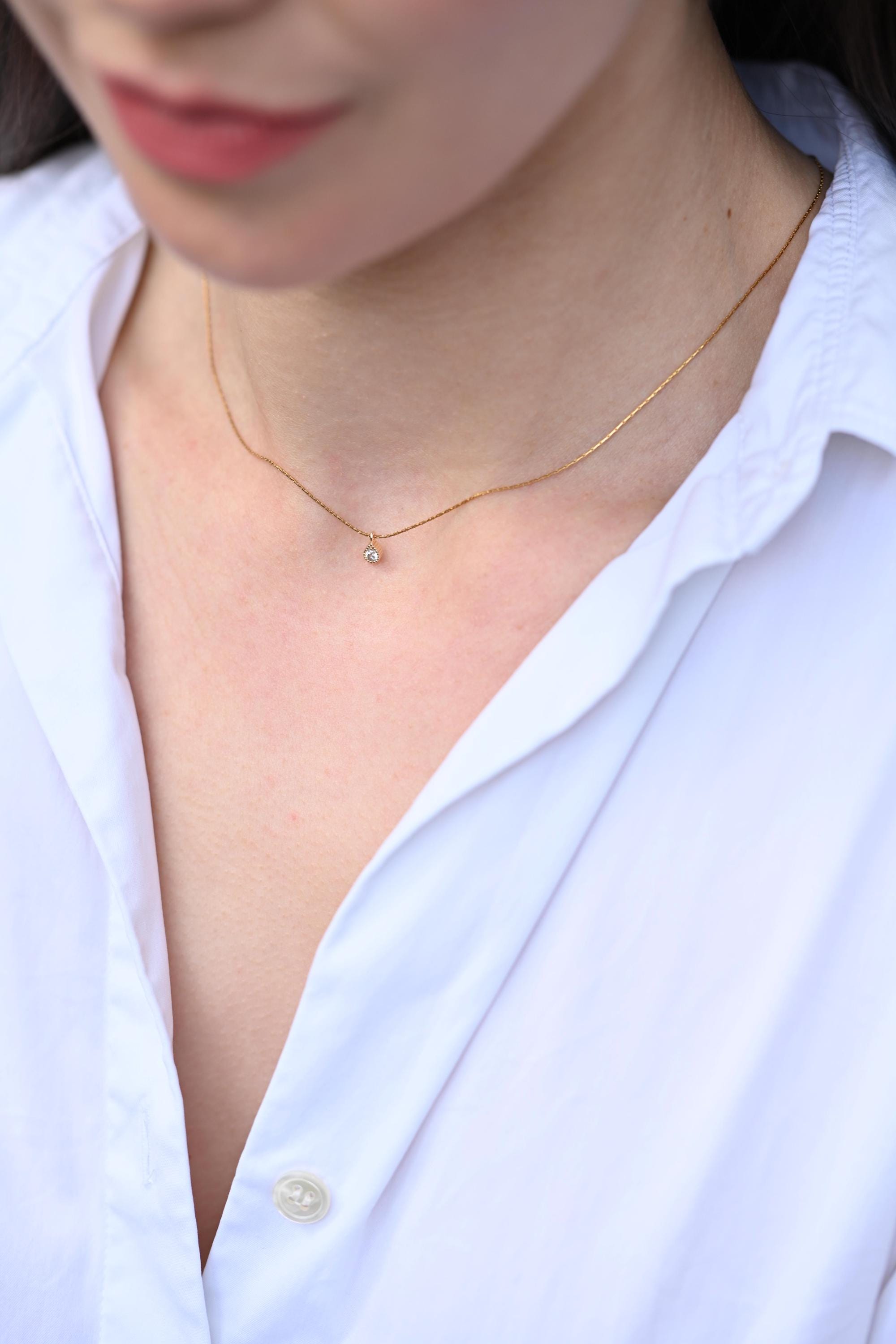 14K Minimalist Diamond Necklace, Sparkling Diamond Necklace, Tiny Crystal Charm Necklace, Tiny Gemstone Necklace, Crystal Charm Necklace uk