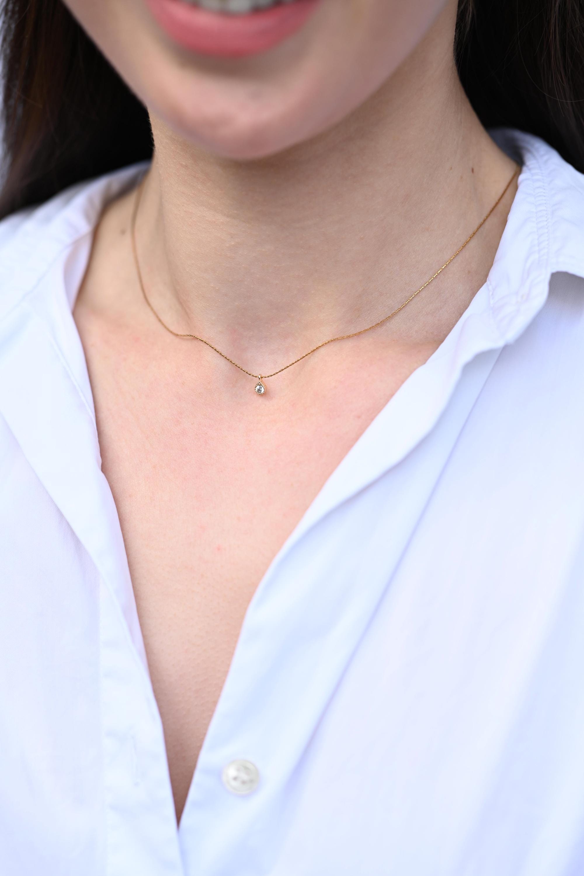 14K Minimalist Diamond Necklace, Sparkling Diamond Necklace, Tiny Crystal Charm Necklace, Tiny Gemstone Necklace, Crystal Charm Necklace uk