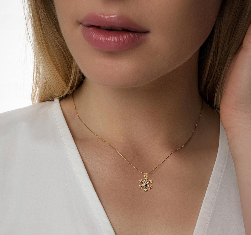 14k Snowflake Shiny colourful Necklace, Winter Snowflake Necklace,  Elegant Wonderland Pendant, Dainty Snowlake Necklace, Christmas Gift uk