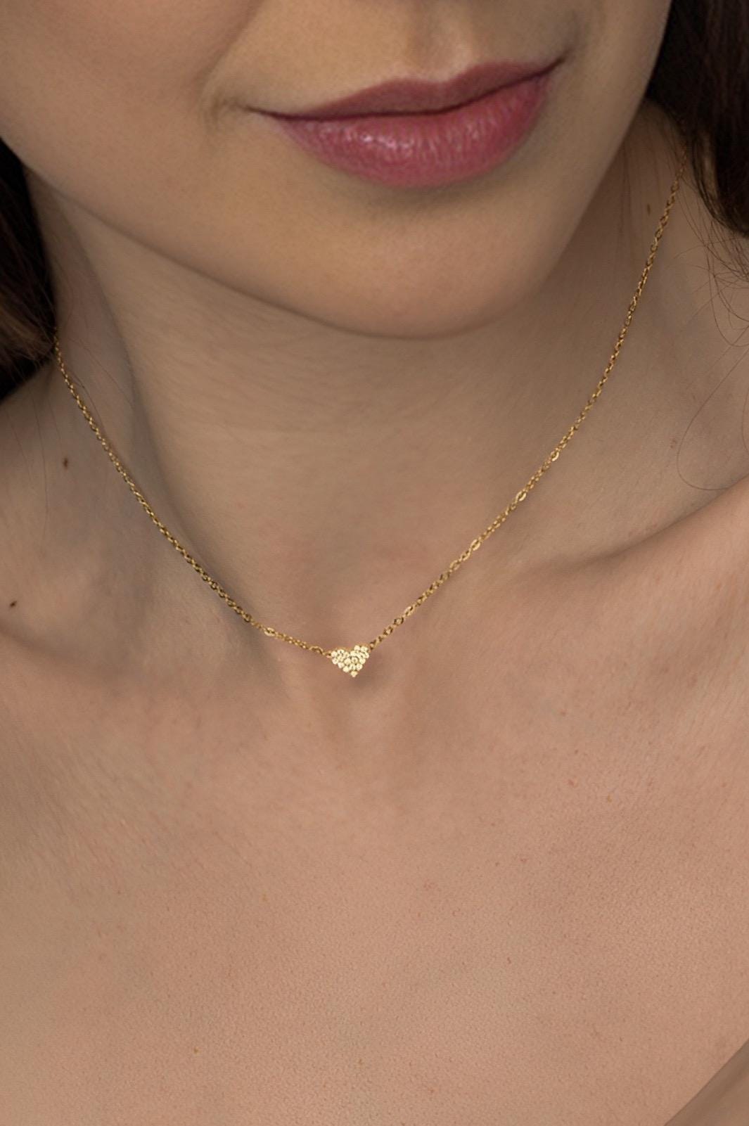 Dainty Minimalist Heart Necklace, 14k Gold or Silver Plated Stainless Steel, Tiny Crystal Pendant, Gift for Her