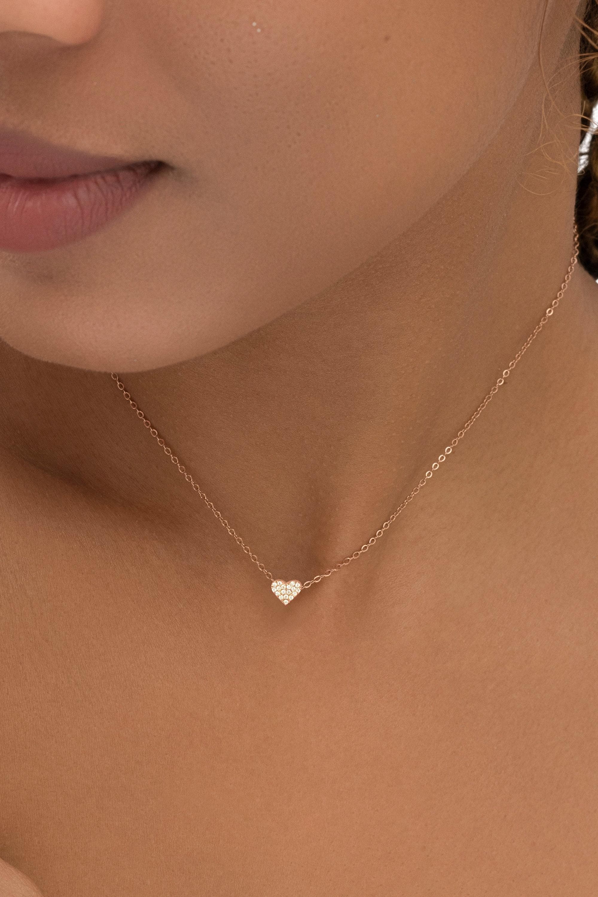 Dainty Minimalist Heart Necklace, 14k Gold or Silver Plated Stainless Steel, Tiny Crystal Pendant, Gift for Her