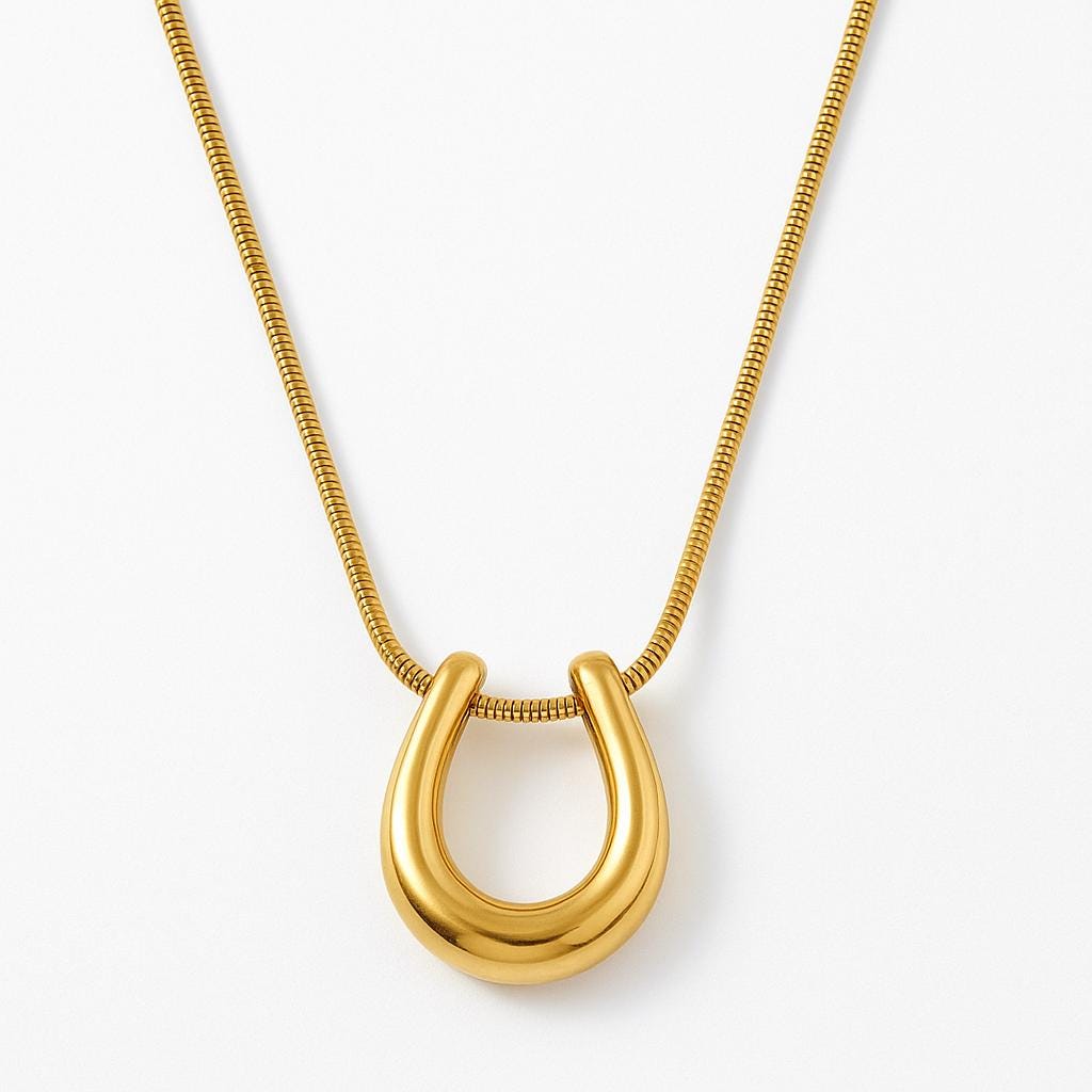 Modern Gold Horseshoe Necklace – 14k Gold Over Stainless Steel, Minimalist Lucky Charm Pendant, Dainty Snake Chain – 18” Gift for universal