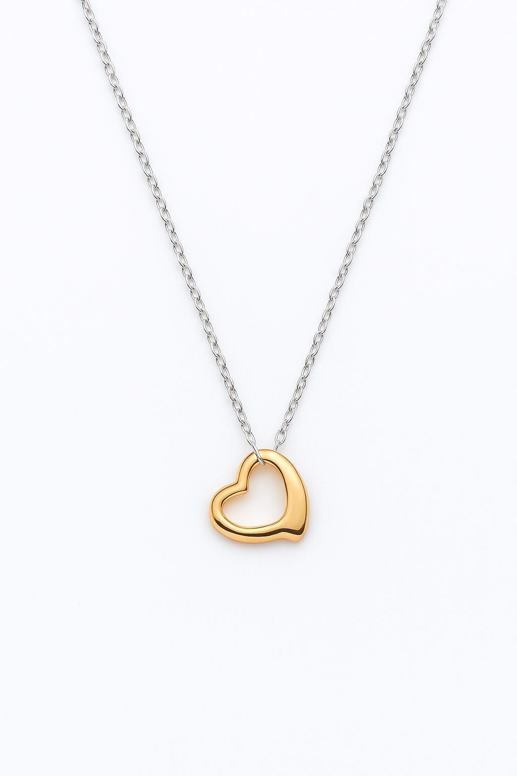 Two-Tone Heart Necklace: 14k Gold & Silver Pendant, Stainless Steel