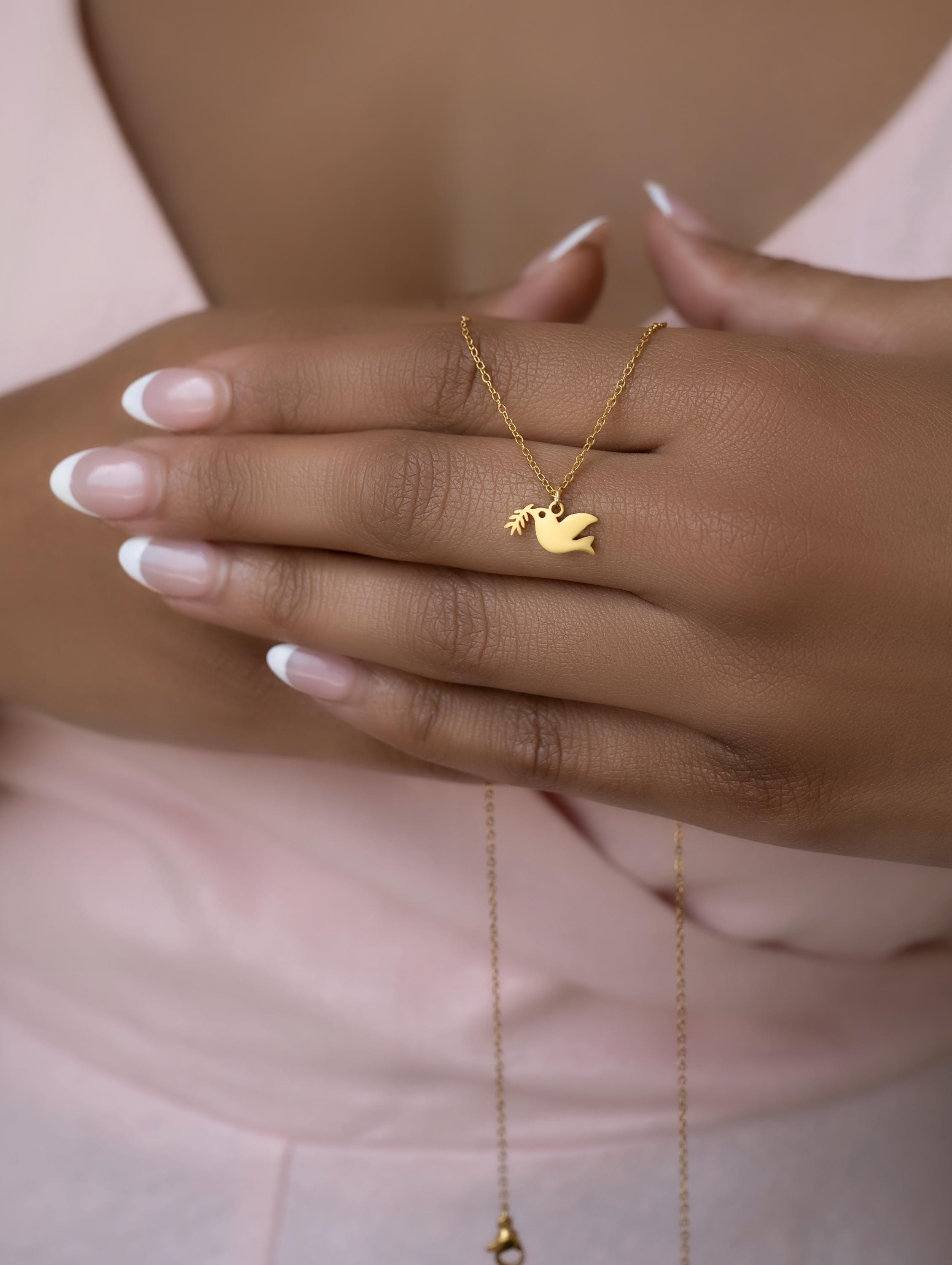 Minimalist 14k gold Dove Pendant Necklace – Olive Branch Peace Charm, Gold & Silver Bird Pendant | Christian Gift | Baptism Necklace uk