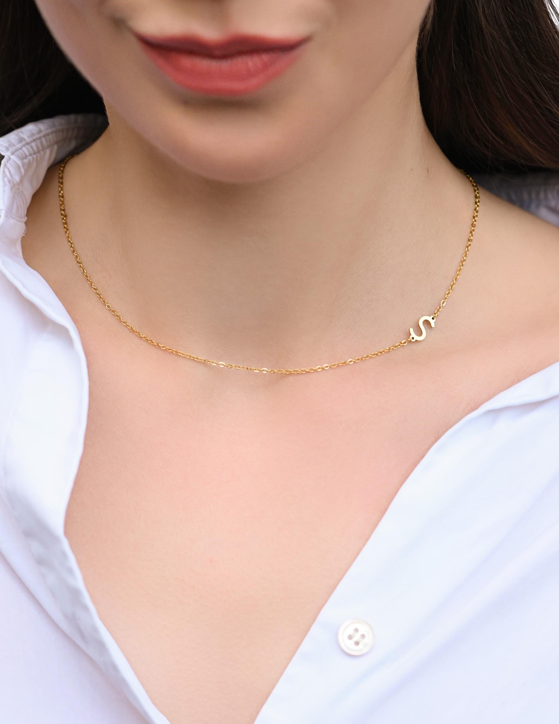 Custom Letter Necklace A-Z – 14K Gold Side Initial Choker, Dainty Personalized Gift for Women, Minimal Necklace, Everyday Jewelry