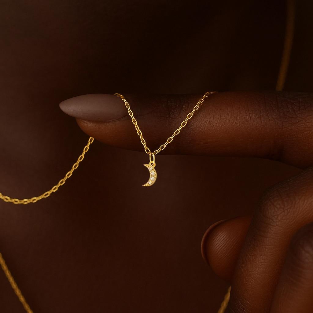 14k Gold Crescent Moon Necklace – Dainty Moon Pendant with Cubic zircon | Petite Gold Necklace for Women kids, Minimalist Jewelry Gift