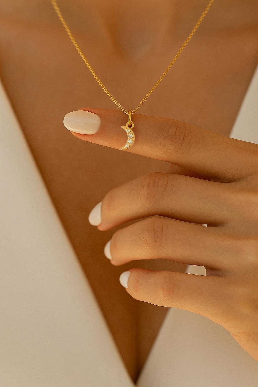14k Gold Crescent Moon Necklace – Dainty Moon Pendant with Cubic zircon | Petite Gold Necklace for Women kids, Minimalist Jewelry Gift