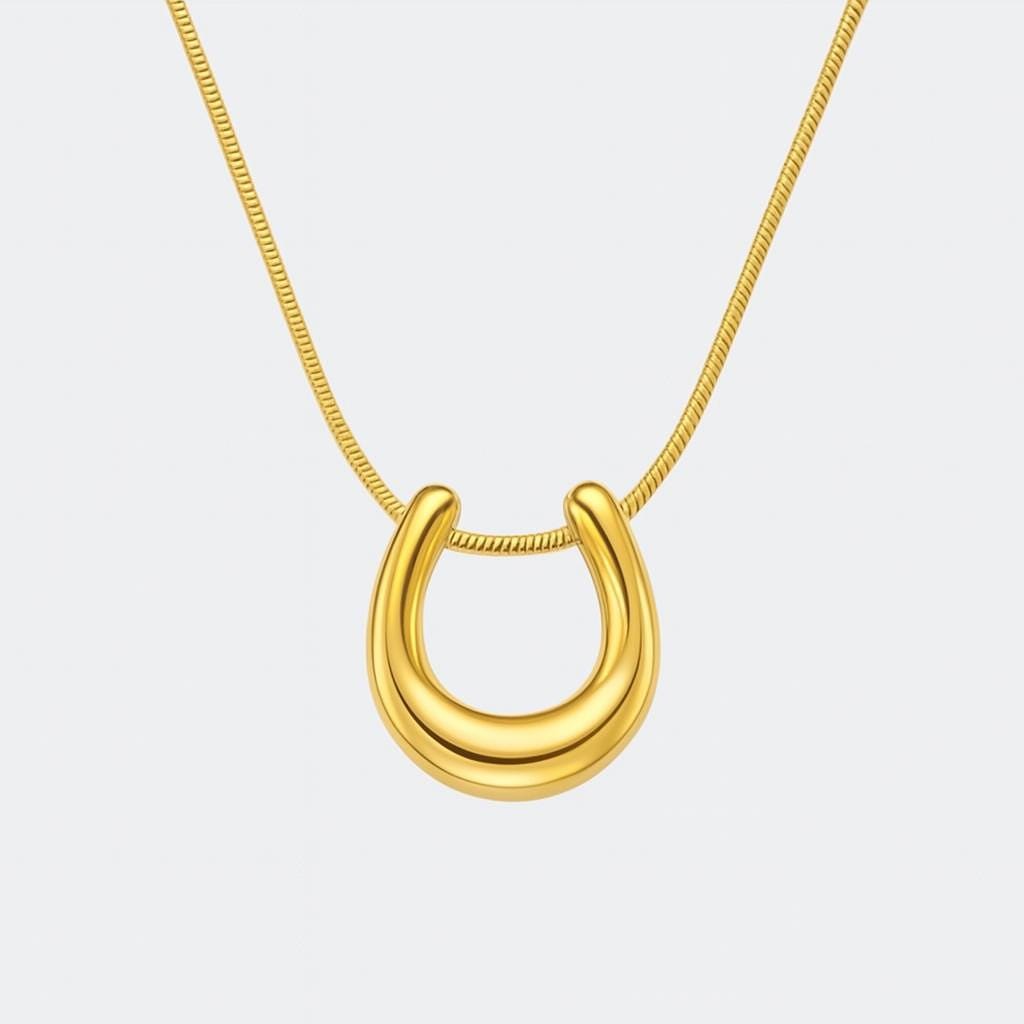Modern Gold Horseshoe Necklace – 14k Gold Over Stainless Steel, Minimalist Lucky Charm Pendant, Dainty Snake Chain – 18” Gift for universal