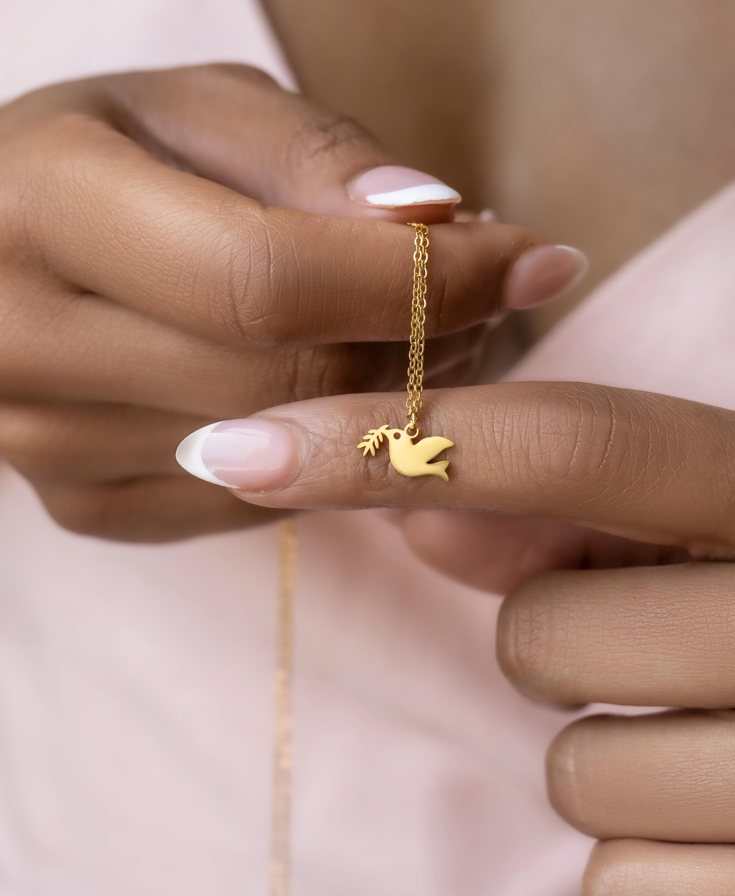 Minimalist 14k gold Dove Pendant Necklace – Olive Branch Peace Charm, Gold & Silver Bird Pendant | Christian Gift | Baptism Necklace uk