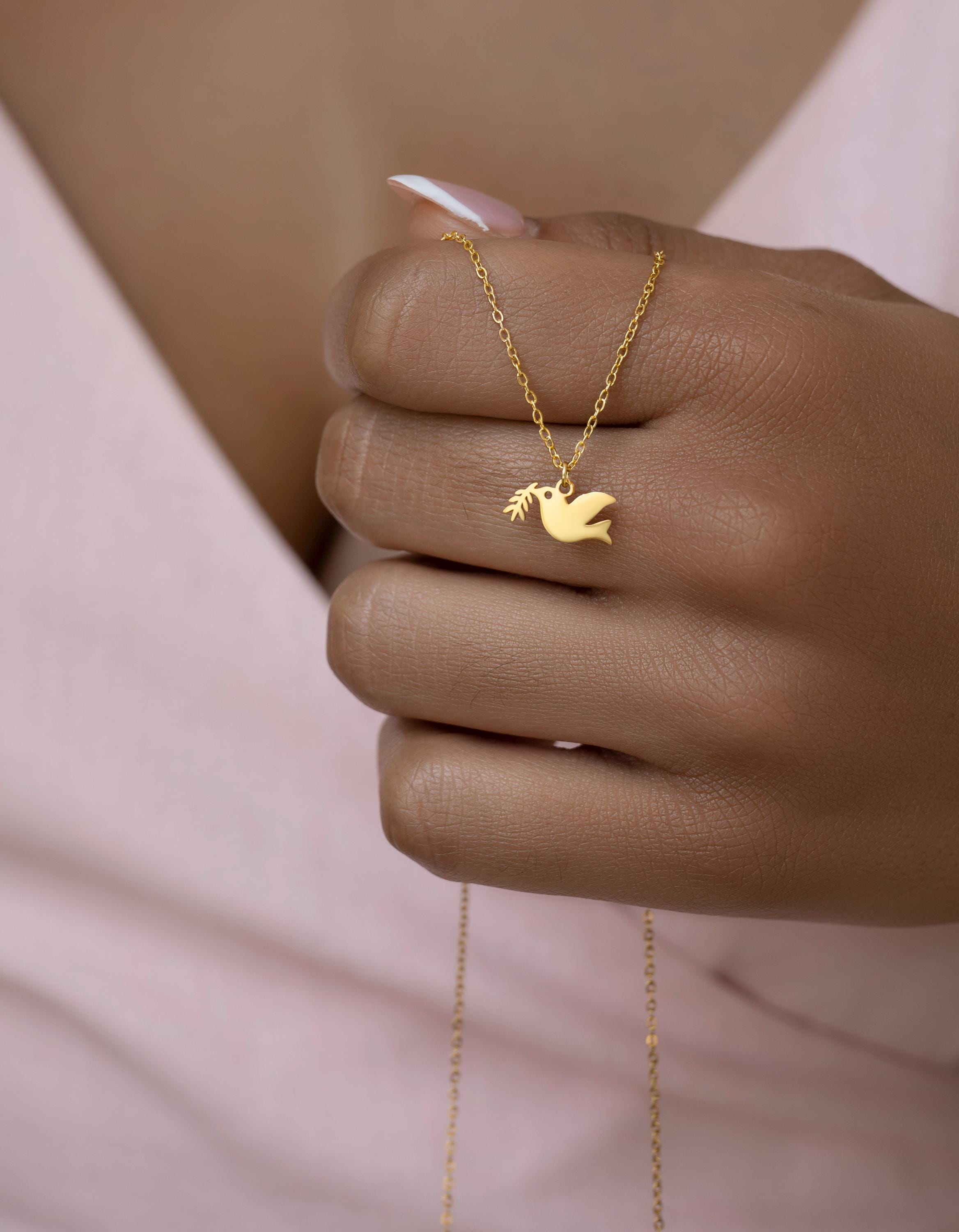 Minimalist 14k gold Dove Pendant Necklace – Olive Branch Peace Charm, Gold & Silver Bird Pendant | Christian Gift | Baptism Necklace uk