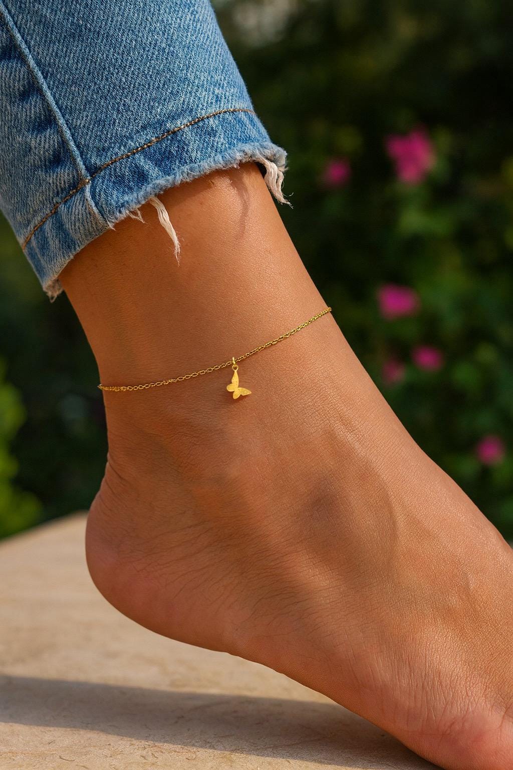 Delicate Gold Butterfly Anklet • 14K Gold Plated Stainless Steel • Dainty Anklet Jewelry for Women • Adjustable Minimalist Summer Beach Gift
