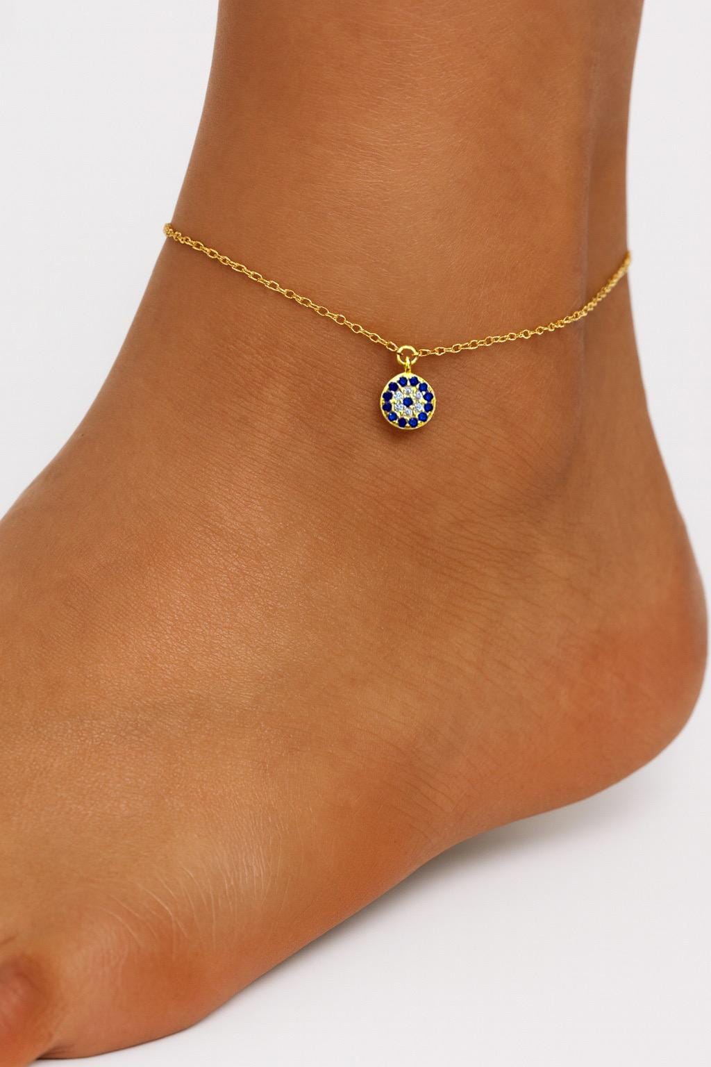Dainty Gold Evil Eye Anklet: Sterling Silver, Blue & Clear Stones