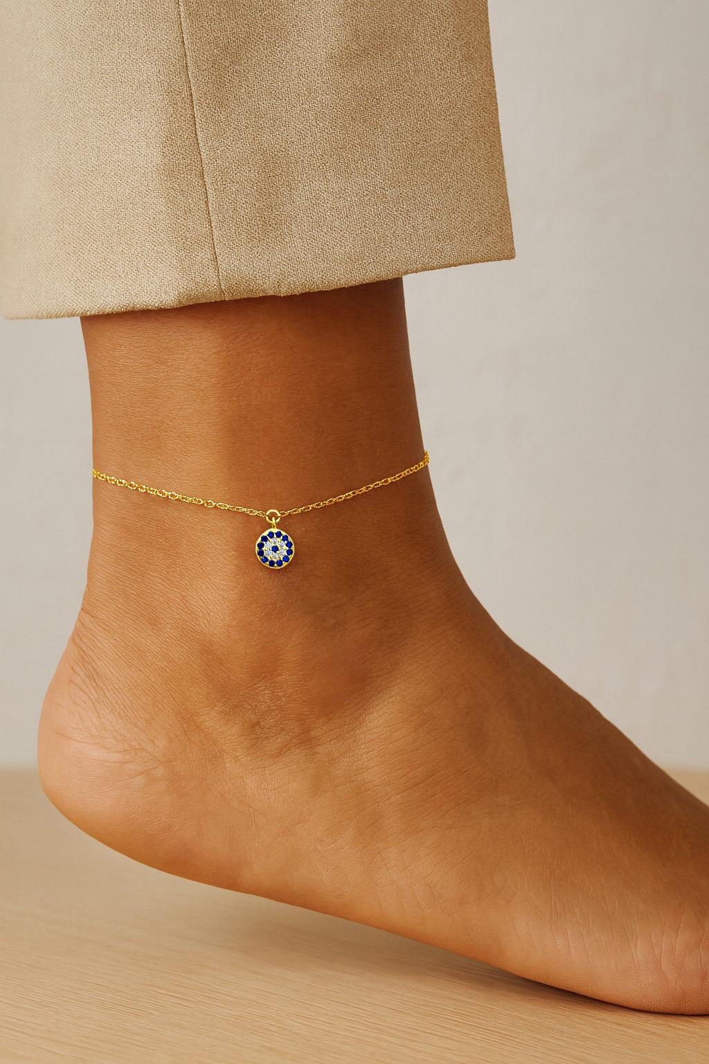 Dainty Gold Evil Eye Anklet: Sterling Silver, Blue & Clear Stones