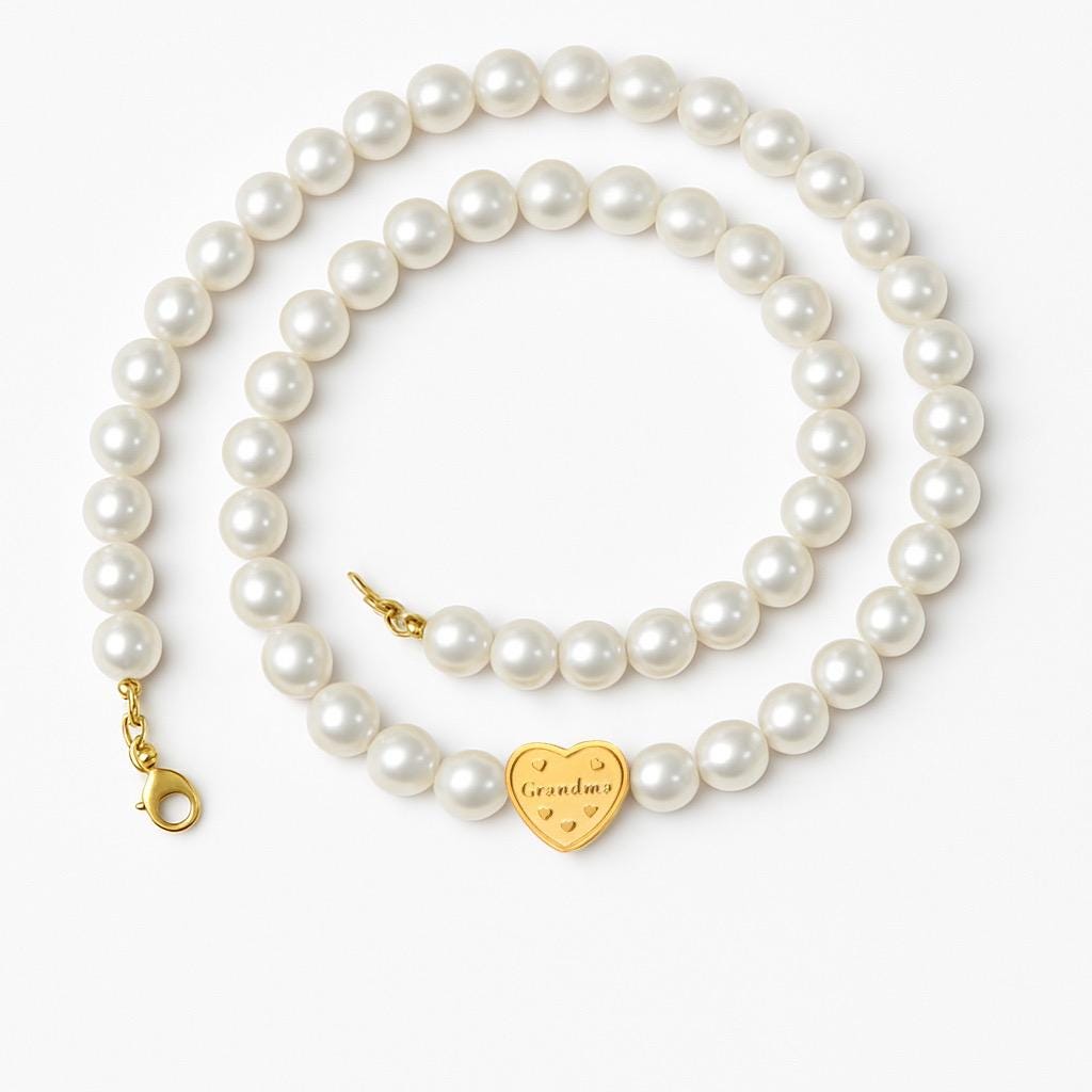 Genuine Freshwater Pearl Bracelet with Grandma Heart Pendant | 6mm Heavyweight Pearls | 14k Gold Plated Chain | Handmade Jewelry Gift grandm