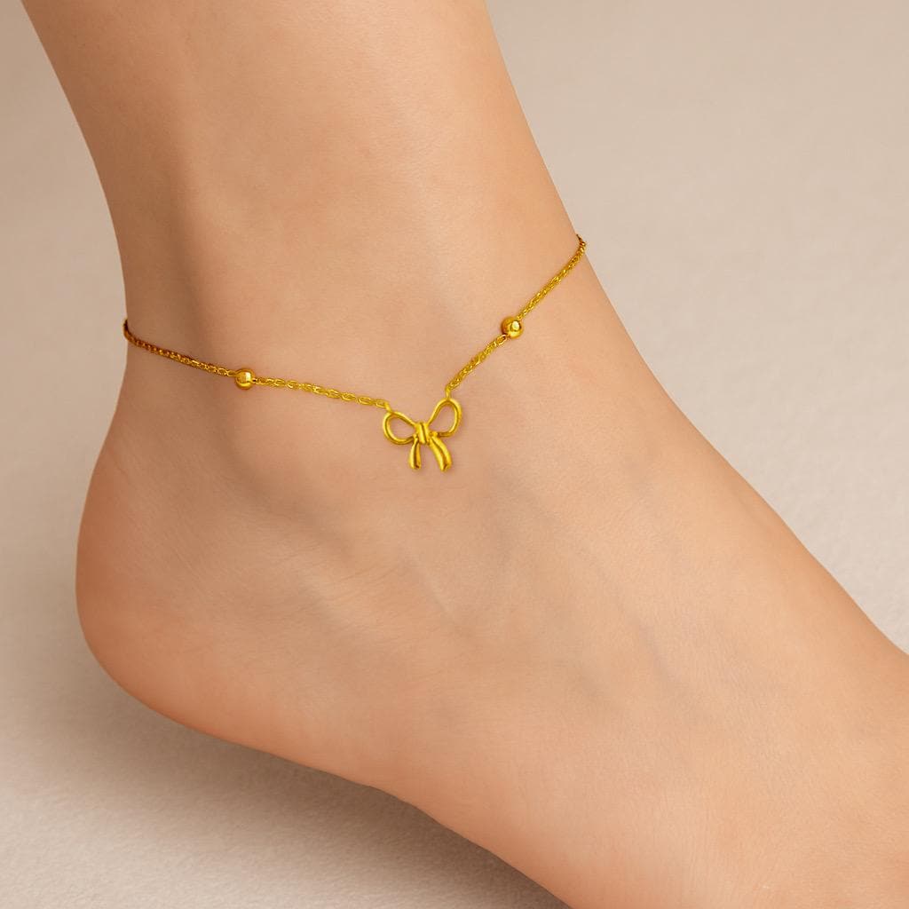 Delicate Gold Bow Anklet – 18K Gold Plated Stainless Steel, Adjustable Sizes (7–12 Inches) – Minimalist Gold Anklet with Charm