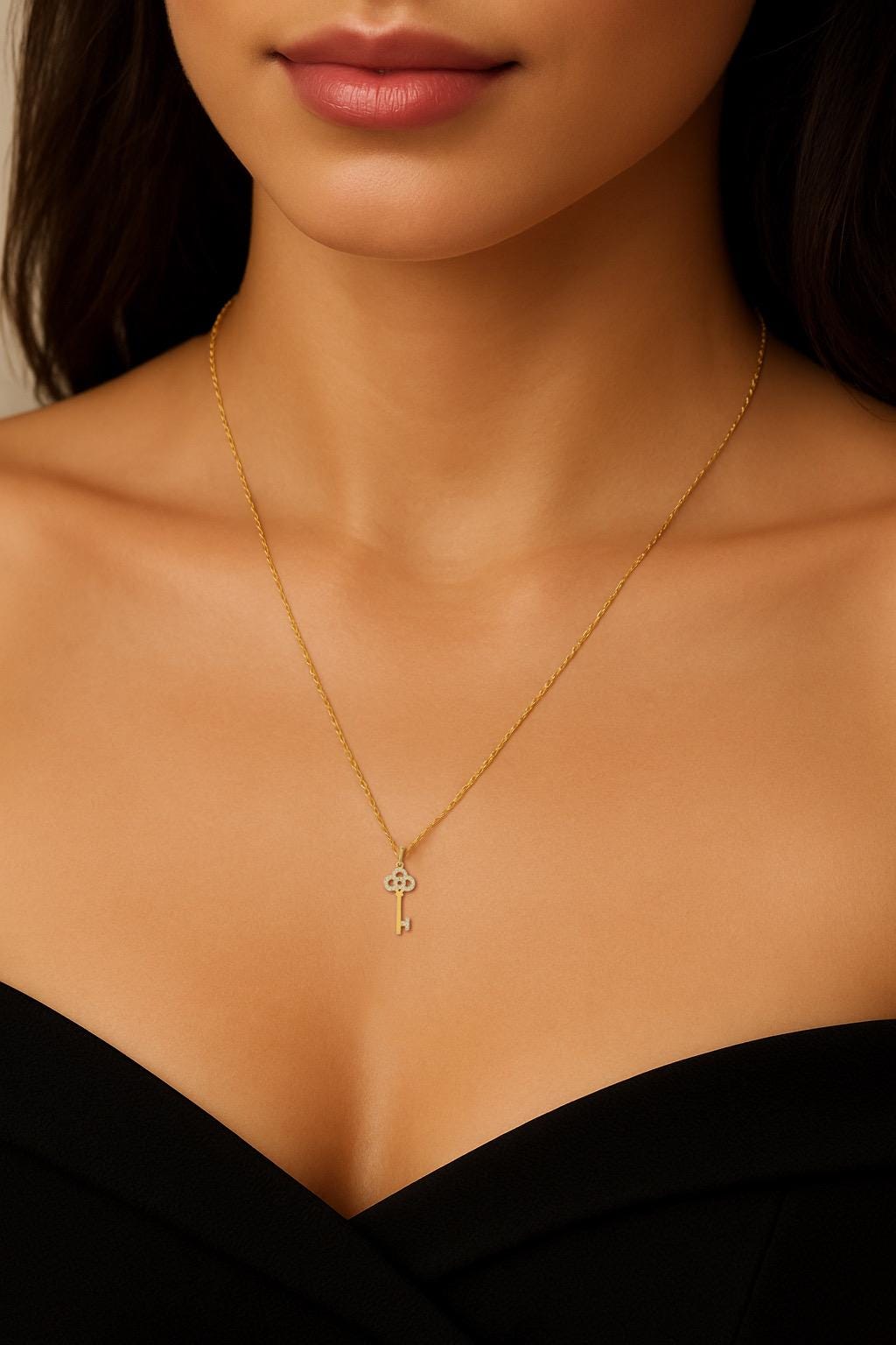 14K Gold Key Pendant Necklace | Non Tarnish Handmade Necklace | Dainty Gold Key Jewelry Gift for Her | Custom Chain Length 11–30” | Box cabl