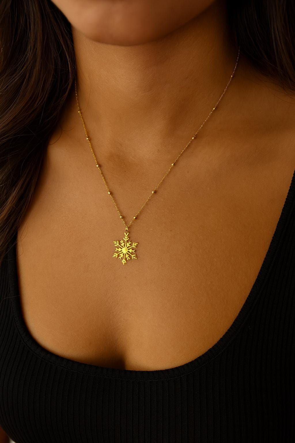 Handmade 18K Gold Snowflake Necklace | Adjustable 11–30 Inch Beaded Chain | Non-Tarnish Stainless Steel | Dainty Winter Jewelry Gift Uk