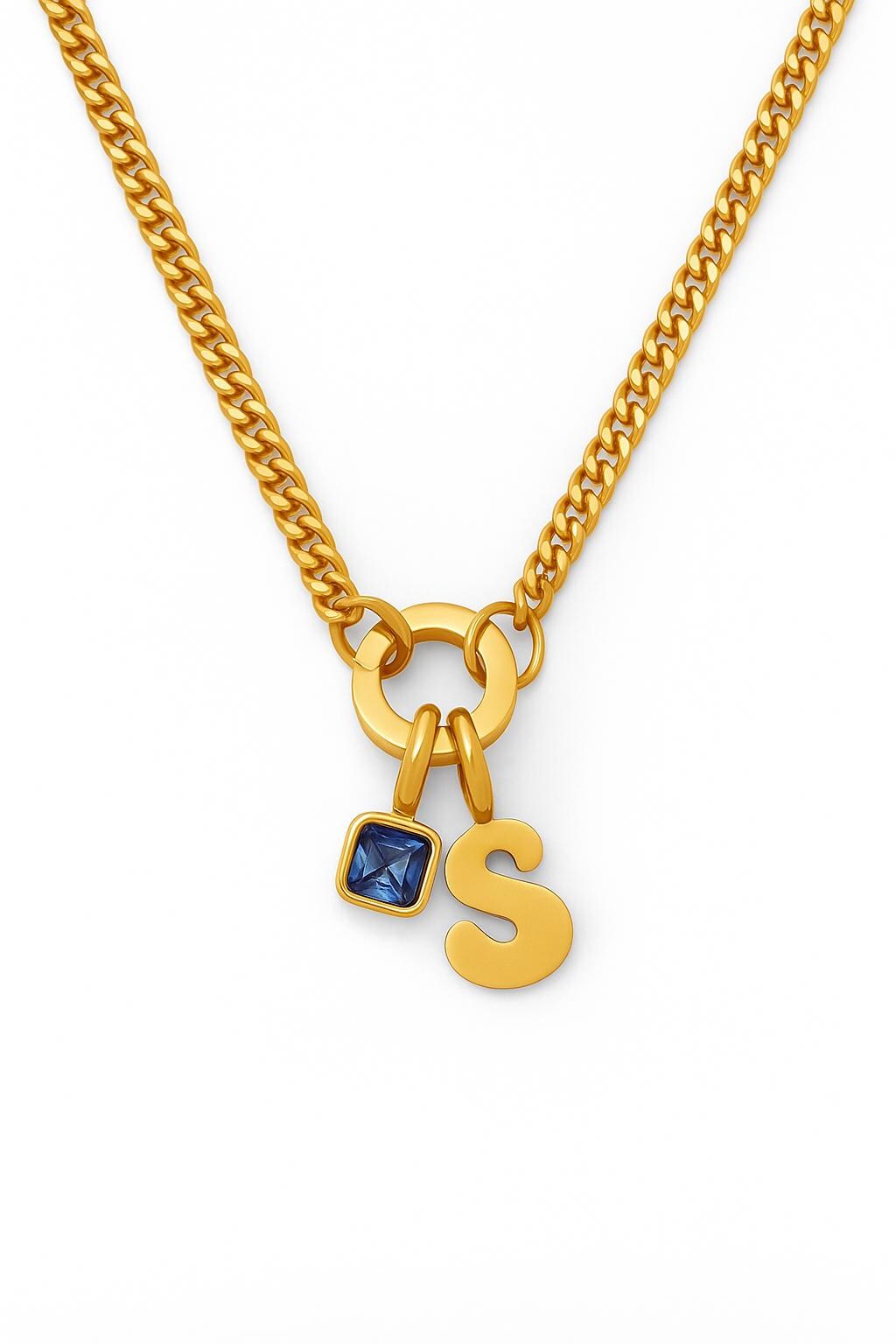 Personalized Gold Necklace – 3mm Cuban Chain | Custom Initial & Birthstone Necklace | Handmade Gift for Her | 14”-20” Adjustable | Birthday