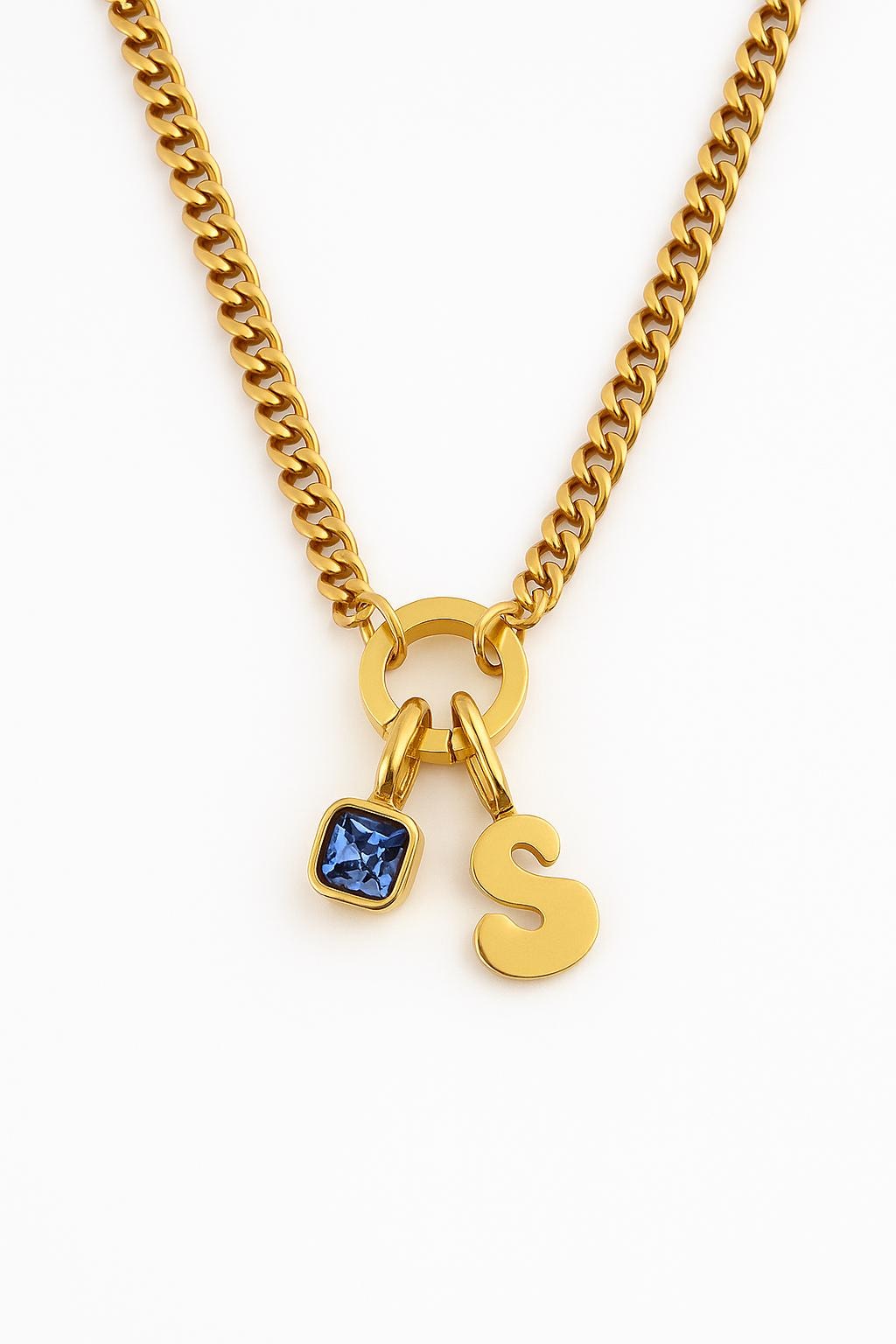 Personalized Gold Necklace – 3mm Cuban Chain | Custom Initial & Birthstone Necklace | Handmade Gift for Her | 14”-20” Adjustable | Birthday