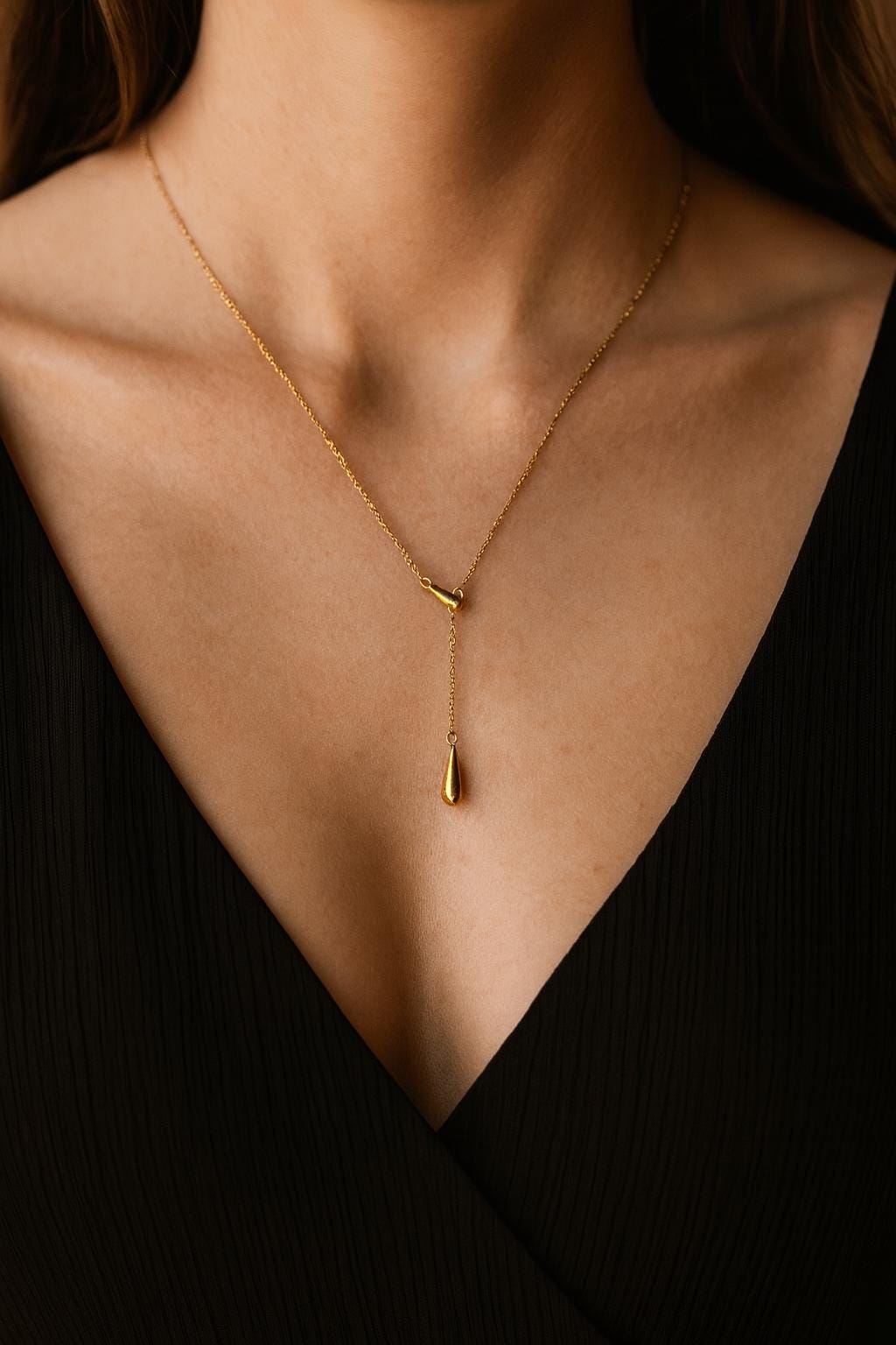 18K Gold Teardrop Lariat Necklace, 20” Y Drop Necklace with 10mm & 16mm Drops, Minimalist Gold Pendant, Dainty Gift for Her, High Quality Je