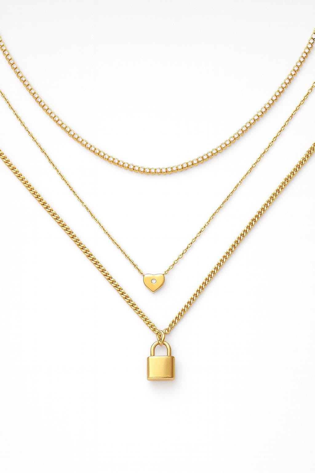 18K Gold Layered Necklace Set • Non Tarnish 3 Layer Chain • Heart & Lock Pendant Necklace • High Polish Shine • Tennis Chain • Gift for Her