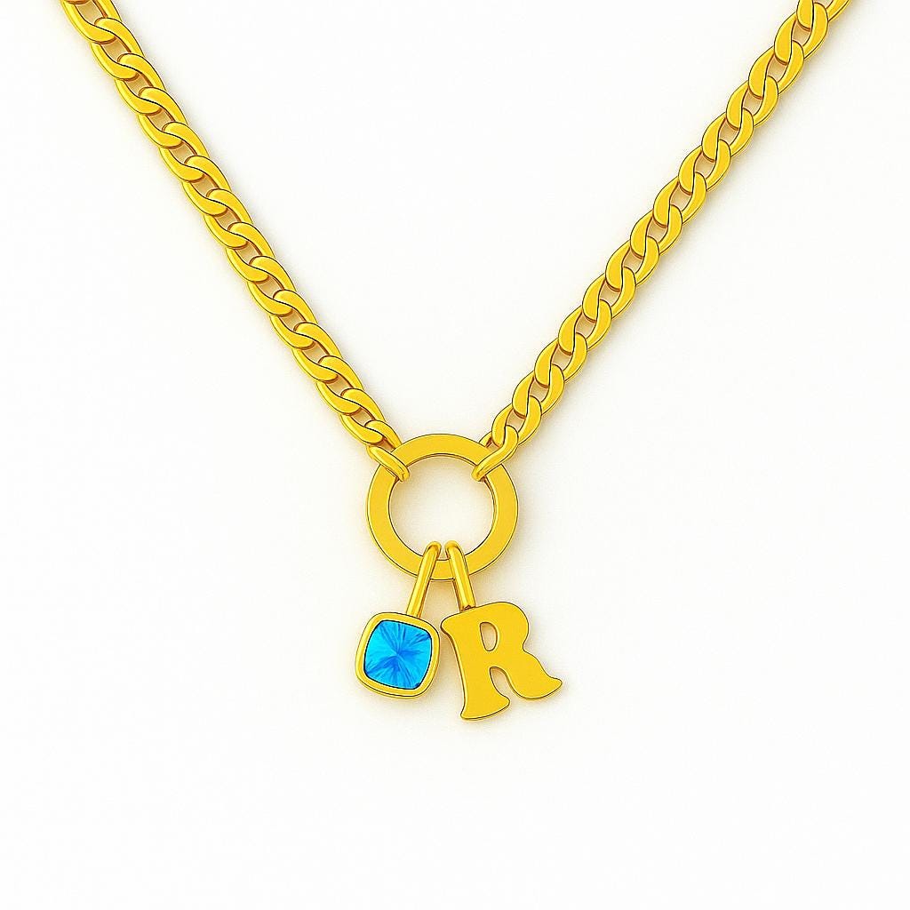 Personalized Gold Necklace – 3mm Cuban Chain | Custom Initial & Birthstone Necklace | Handmade Gift for Her | 14”-20” Adjustable | Birthday