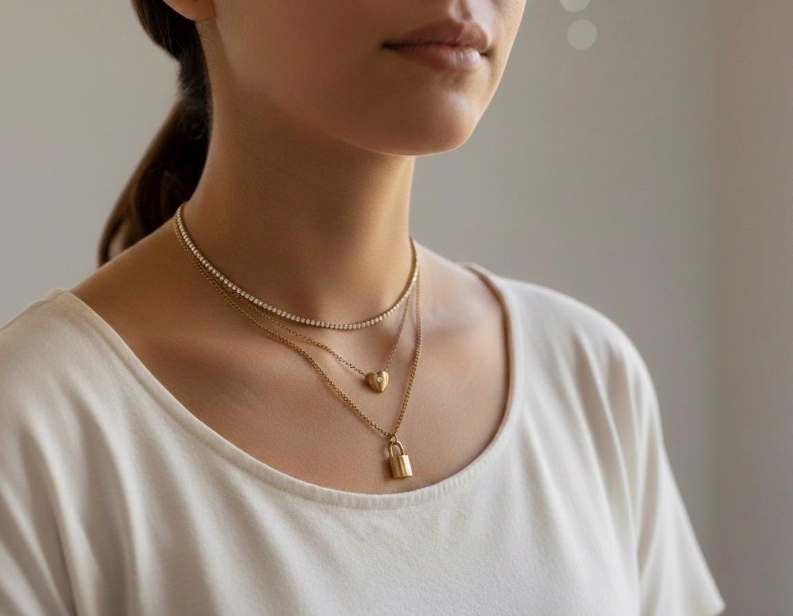 18K Gold Layered Necklace Set • Non Tarnish 3 Layer Chain • Heart & Lock Pendant Necklace • High Polish Shine • Tennis Chain • Gift for Her