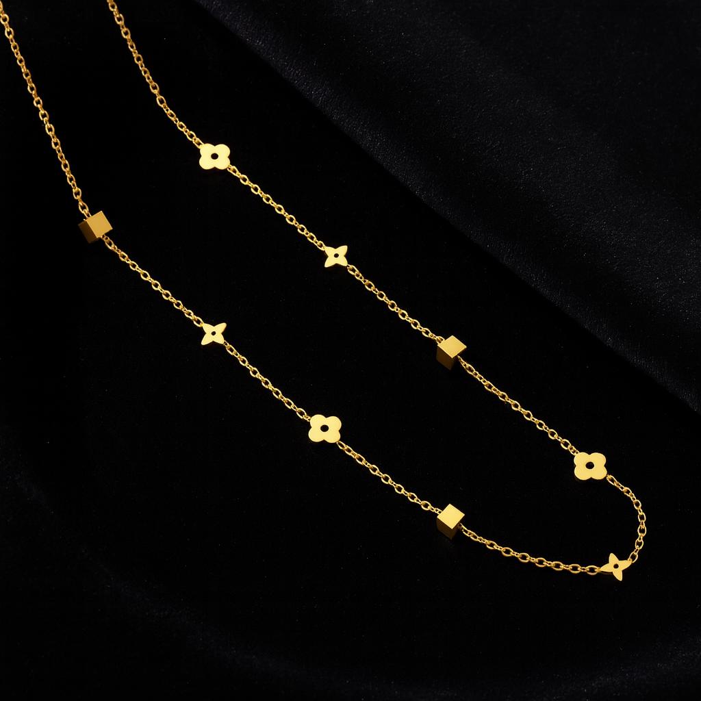 18K Gold Necklace Stainless Steel | Non Tarnish Gold Chain | Floral Charm Necklace | Geometric Gold Pendant Necklace | Dainty Layering Jewel