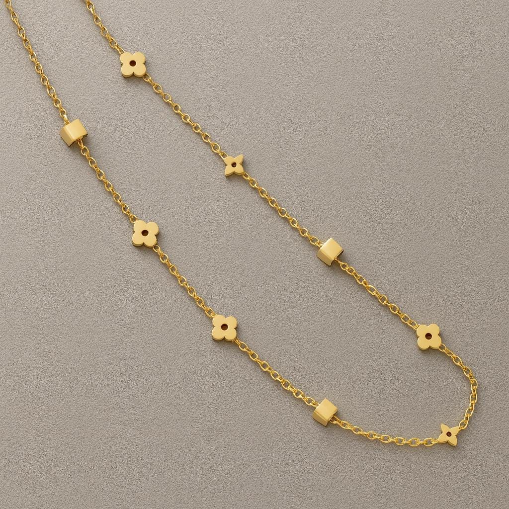 18K Gold Necklace Stainless Steel | Non Tarnish Gold Chain | Floral Charm Necklace | Geometric Gold Pendant Necklace | Dainty Layering Jewel