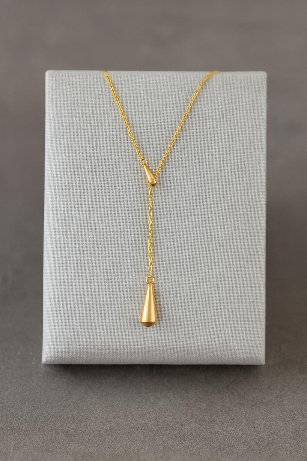 18K Gold Teardrop Lariat Necklace, 20” Y Drop Necklace with 10mm & 16mm Drops, Minimalist Gold Pendant, Dainty Gift for Her, High Quality Je