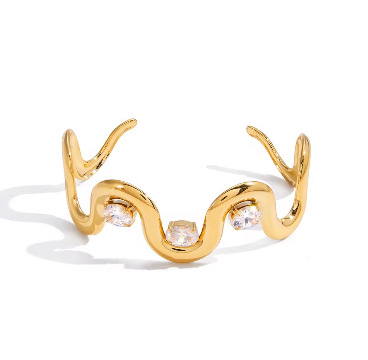 gold Wave Bangle Bracelet • Adjustable Cuff • 16 cm • Wavy Gold Bracelet with Sparkling Stones • Modern Sculptural Jewelry • Gift for Her u