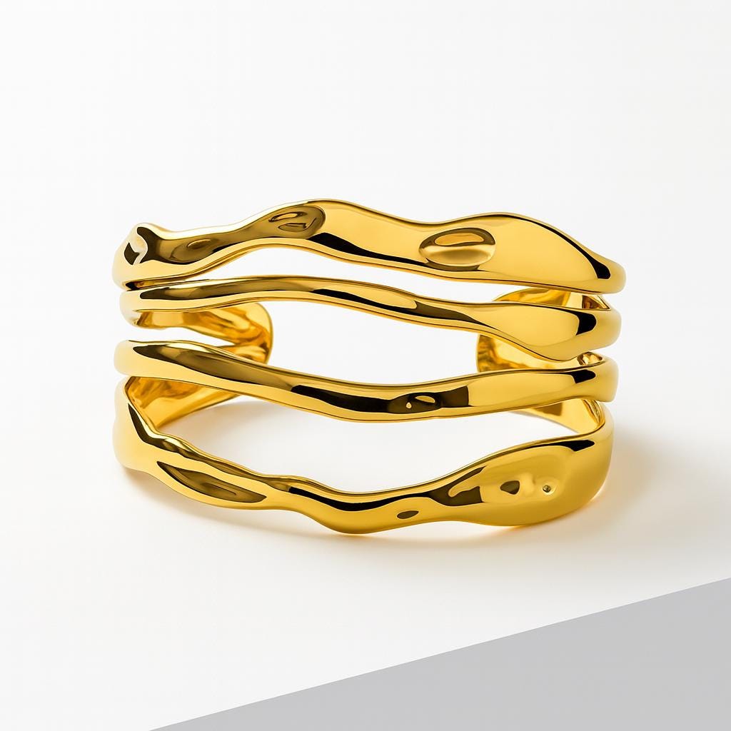 Gold Cuff Bracelet for Women, 18k Wavy Adjustable Bangle, Stainless Steel Waterproof Jewelry, Modern Statement Bracelet, Hypoallergenic Gift