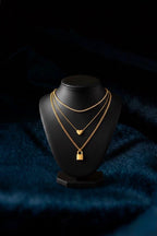 18K Gold Layered Necklace Set • Non Tarnish 3 Layer Chain • Heart & Lock Pendant Necklace • High Polish Shine • Tennis Chain • Gift for Her