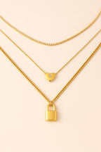 18K Gold Layered Necklace Set • Non Tarnish 3 Layer Chain • Heart & Lock Pendant Necklace • High Polish Shine • Tennis Chain • Gift for Her
