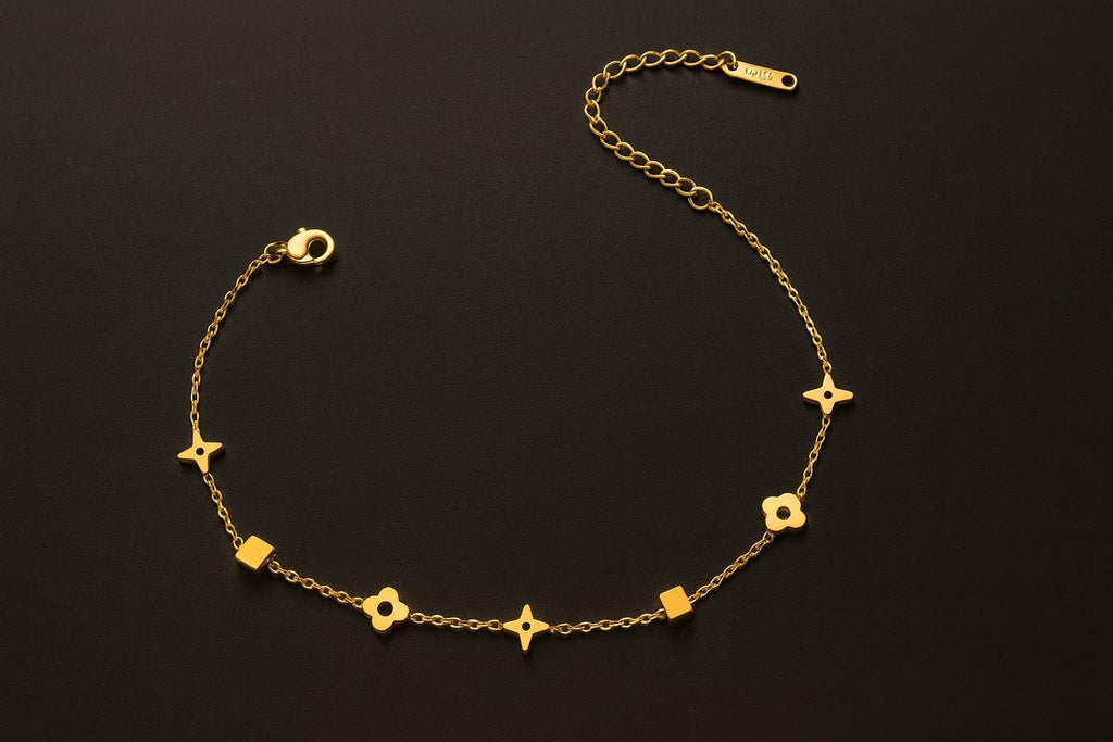 Gold Flower Charm Bracelet • Stainless Steel Dainty Bracelet • Adjustable 16cm + 5cm Extension • Minimalist Floral Jewelry • Gift for Her