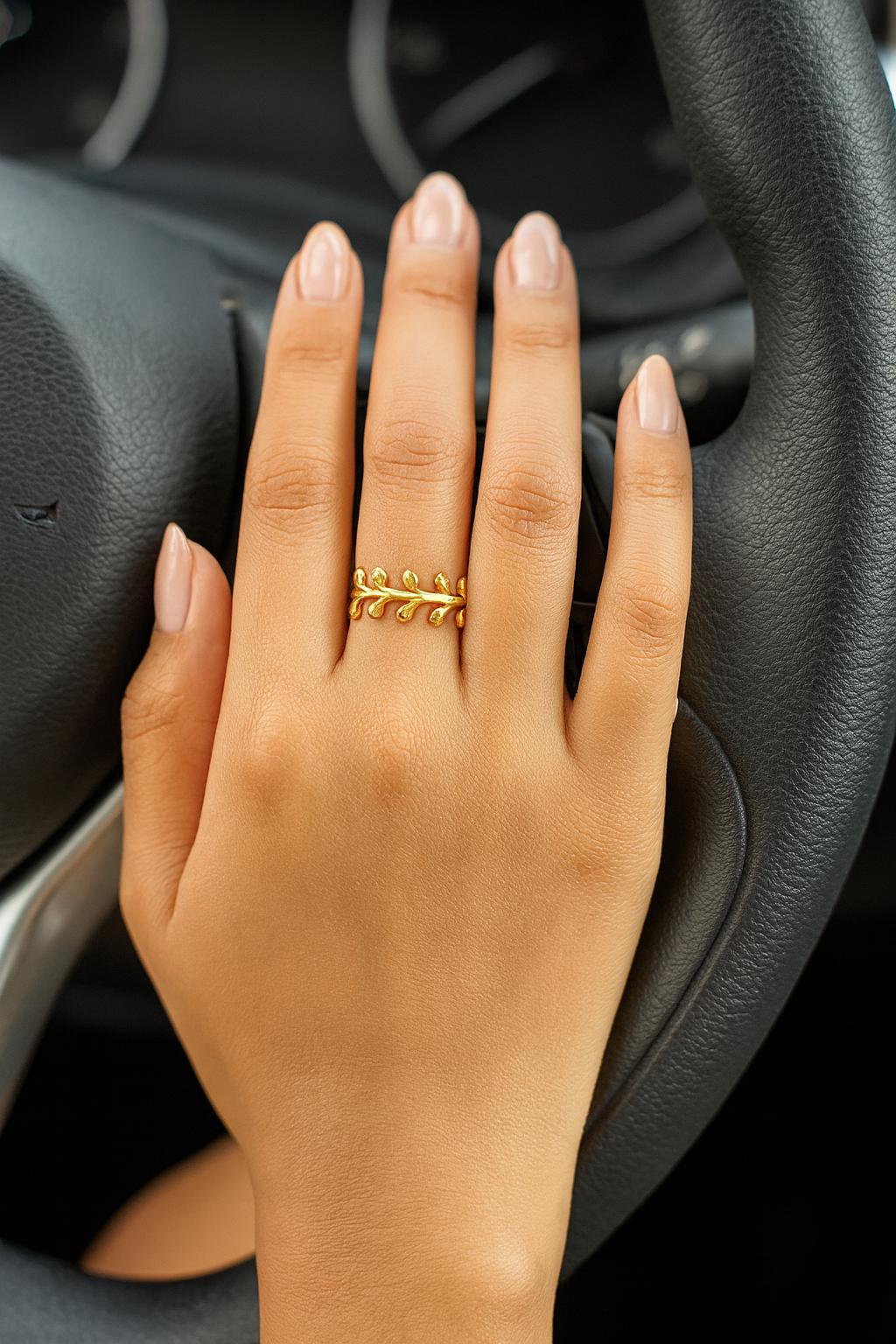 8K Gold Leaf Ring • Non Tarnish Stainless Steel Branch Ring • Adjustable Nature Jewelry • Waterproof Dainty Ring • Botanical Ring Gift for H